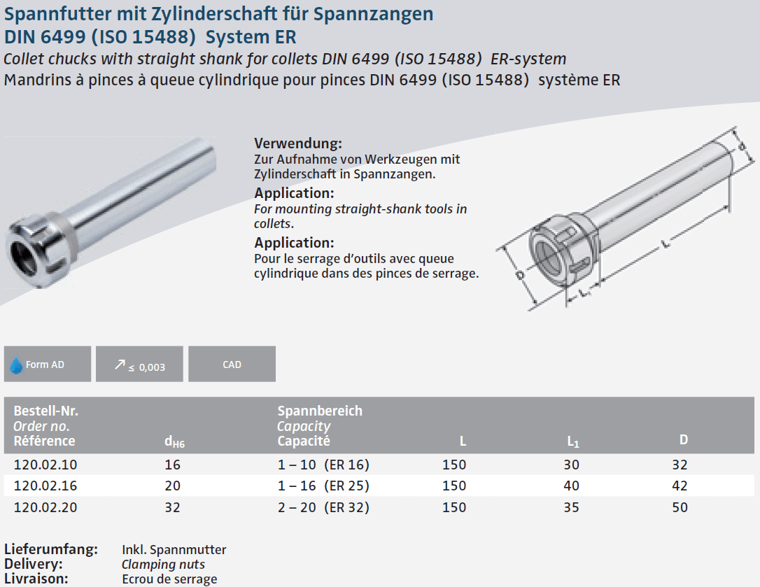 Spannfutter mit Zylindernschaft DIN 6499 (ISO 15488) System ER